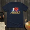 I Love Adele t-shirt design with a white 'I', a glowing red heart, and gold text spelling 'ADELE'
