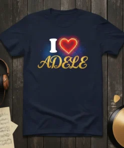 I Love Adele t-shirt design with a white 'I', a glowing red heart, and gold text spelling 'ADELE'