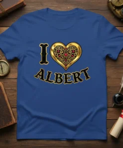 I Love Albert t-shirt design with a black 'I', a decorative gold heart with red gems, and black 'Albert' text