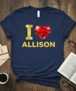 I Love Allison T-Shirt with a golden I and a red gem heart graphic above the name Allison