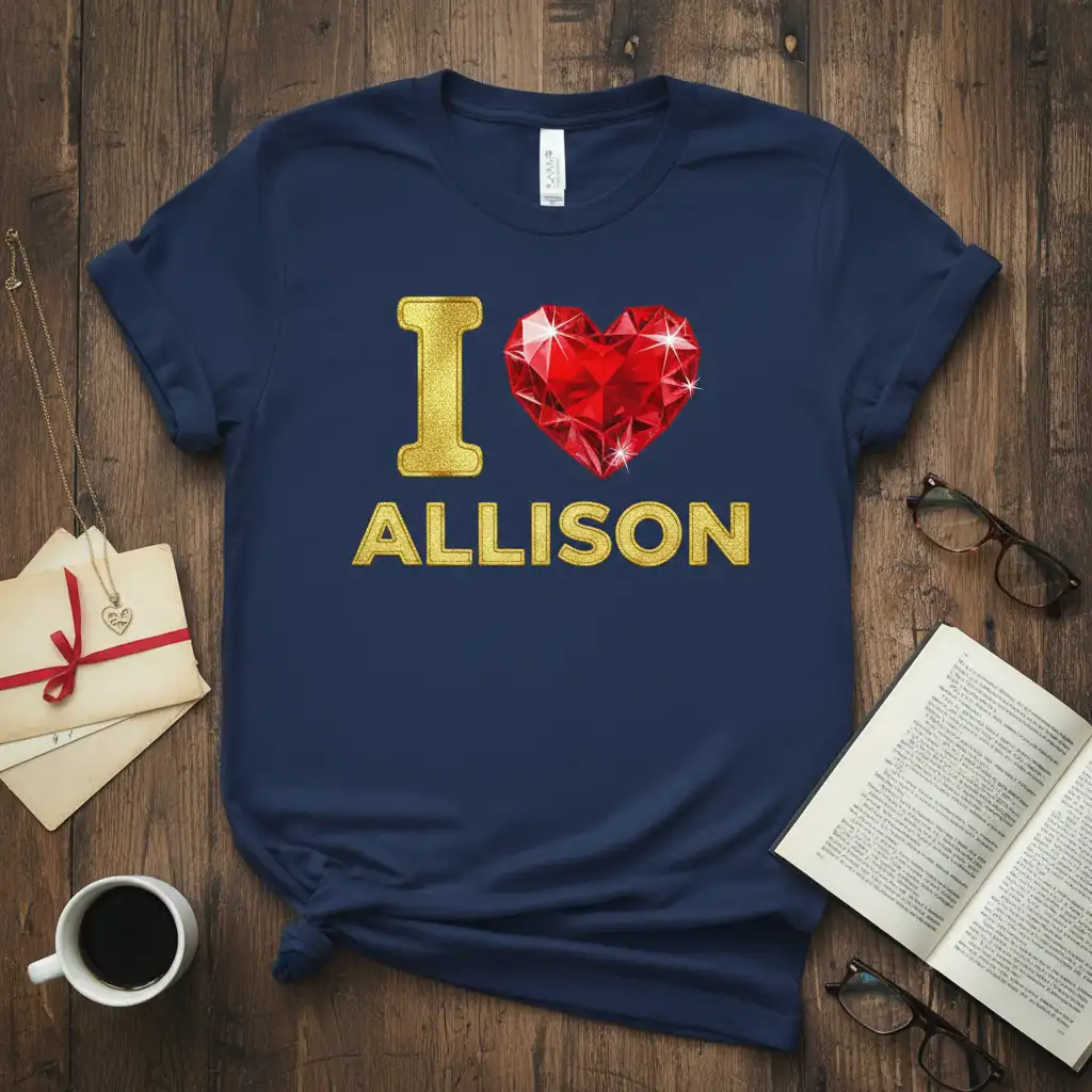 I Love Allison personalized name shirt with golden text and a red jewel heart graphic