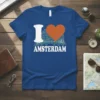 I Love Amsterdam t-shirt design with iconic buildings, a bridge, a bicycle, and a heart graphic