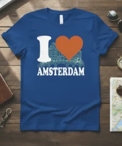 I Love Amsterdam t-shirt design with iconic buildings, a bridge, a bicycle, and a heart graphic