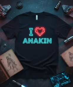 I Love Anakin T-Shirt featuring neon blue text and a red diamond heart graphic on a black tee