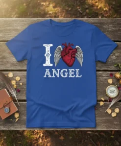 I Love Angel t-shirt with a distressed 'I', a winged anatomical heart, and the word 'ANGEL' below