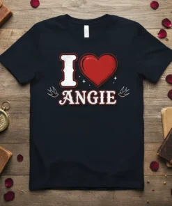I Love Angie heart t-shirt design with white text and a red heart graphic