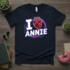 I Love Annie t-shirt design with a red anatomical heart graphic and neon-style swirls