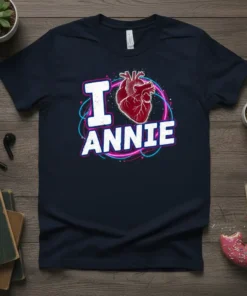 I Love Annie t-shirt design with a red anatomical heart graphic and neon-style swirls