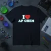 Black t-shirt with "I Love AP Chem" text and a red geometric heart graphic, celebrating AP Chemistry