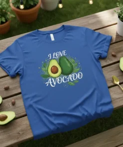 I LOVE AVOCADO text with a graphic of a whole and halved avocado surrounded by leaves on a blue t-shirt