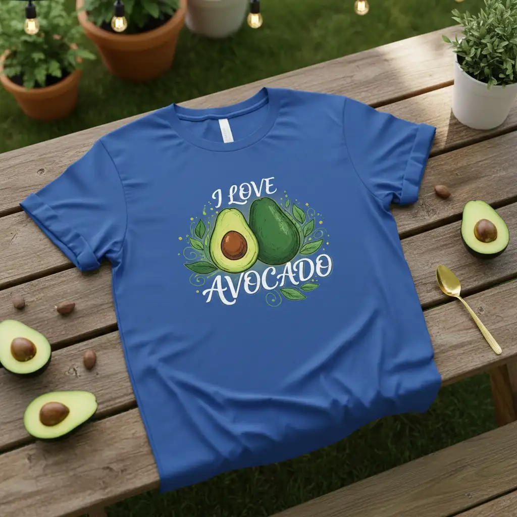 I LOVE AVOCADO text and avocado illustration on a blue t-shirt, perfect for fruit lovers