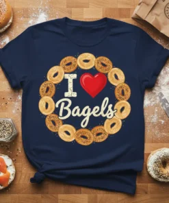 Navy blue t-shirt with "I Love Bagels" text and a heart, surrounded by a wreath of bagels