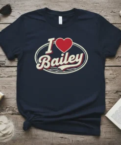 I Love Bailey T-Shirt with red heart and script font for Bailey, retro oval design