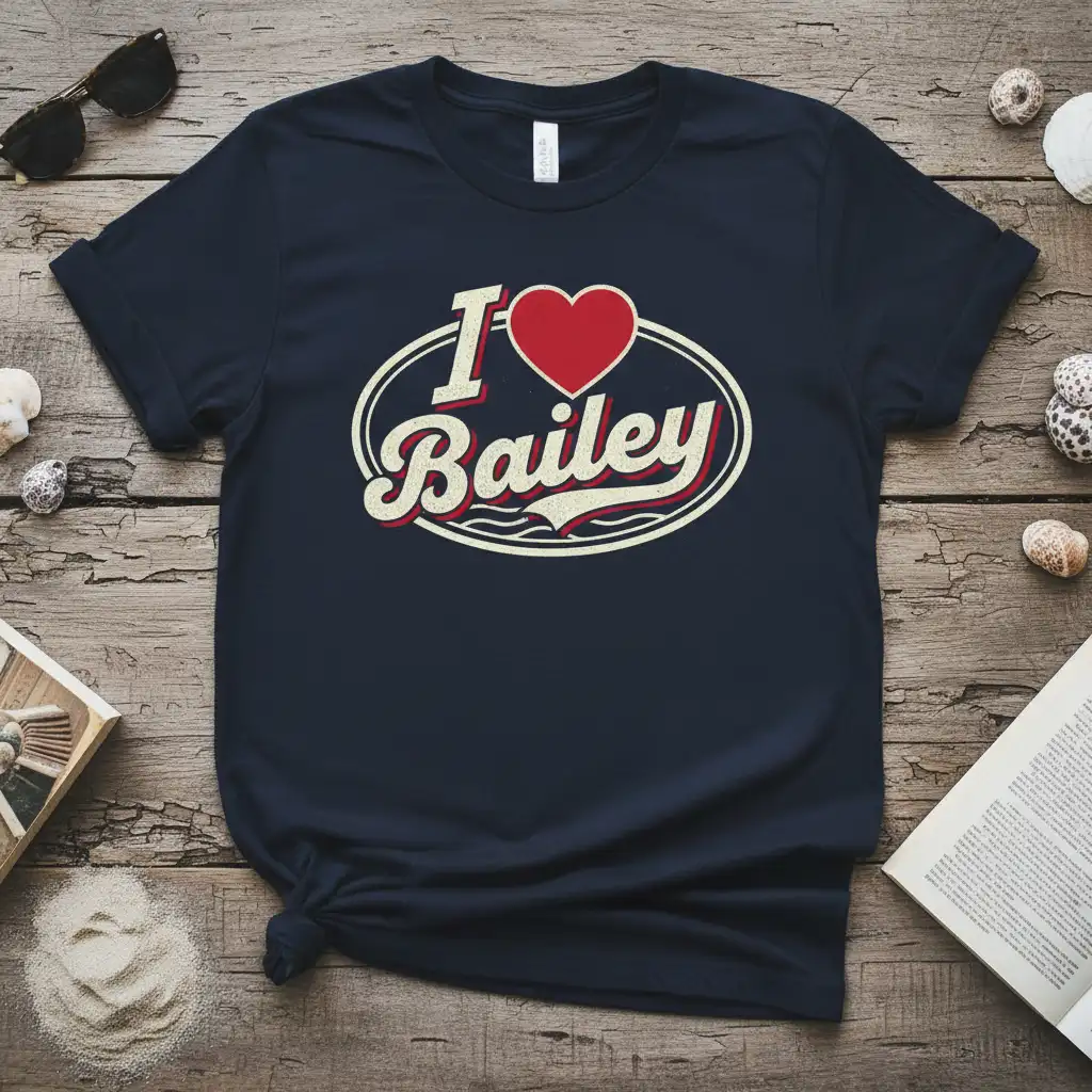 Retro I Love Bailey T-Shirt design with script font and red heart graphic