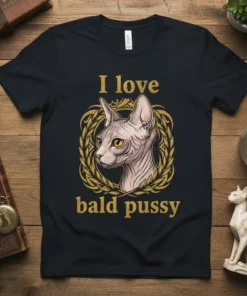 I love bald pussy text with Sphynx cat graphic in ornate frame, black t-shirt design
