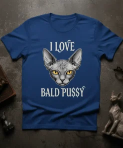 I LOVE BALD PUSSY t-shirt with a detailed illustration of a sphynx cat's head and bold white text