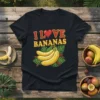 Black t-shirt featuring the "I Love Bananas" text with a red heart and a bunch of yellow bananas with green