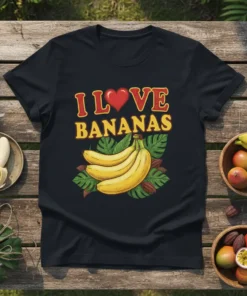 Black t-shirt featuring the "I Love Bananas" text with a red heart and a bunch of yellow bananas with green
