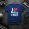 Blue t-shirt with "I Love Bang Chan" text and a pixelated red heart graphic, featuring digital circuit lines