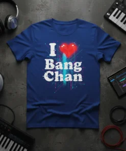 Blue t-shirt with "I Love Bang Chan" text and a pixelated red heart graphic, featuring digital circuit lines