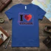I Love Bangkok text with a geometric heart and cityscape graphic on a royal blue t-shirt, perfect for travel enthusiasts
