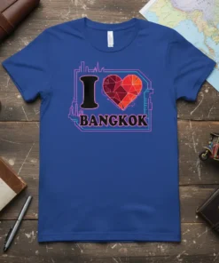 I Love Bangkok text with a geometric heart and cityscape graphic on a royal blue t-shirt, perfect for travel enthusiasts