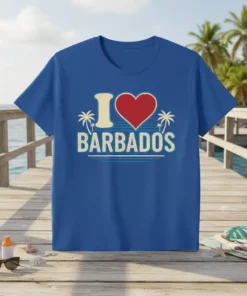 Retro I Love Barbados t-shirt design with heart, palm trees, and distressed text
