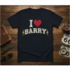 Navy t-shirt with distressed text "I Love Barry" and a red heart graphic, flanked by yellow lightning bolts