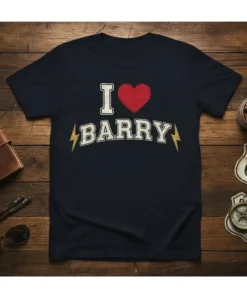 Navy t-shirt with distressed text "I Love Barry" and a red heart graphic, flanked by yellow lightning bolts
