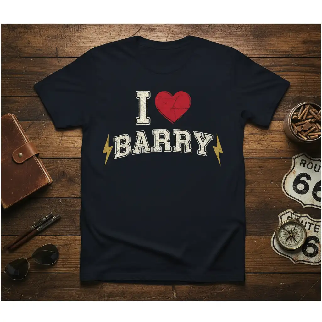 Navy I Love Barry t-shirt with distressed collegiate font and retro lightning bolt accents