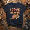 I Love Beaver t-shirt design with a cute beaver holding a log and red heart graphic