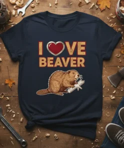 I Love Beaver t-shirt design with a cute beaver holding a log and red heart graphic