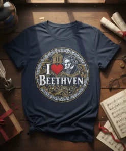 I Love Beethoven t-shirt design featuring a portrait of Beethoven and musical notes