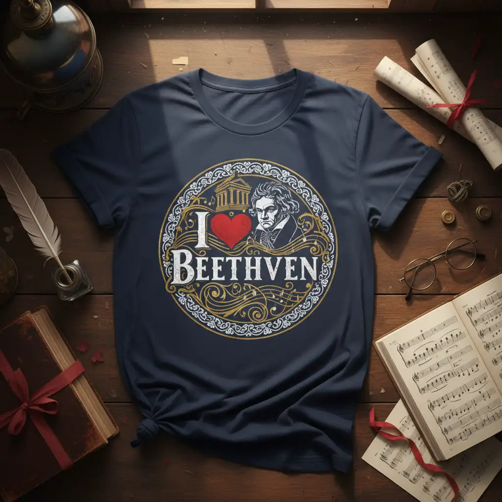 I Love Beethoven graphic tee with composer portrait and musical elements