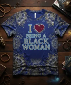 T-shirt with "I Love Being A Black Woman" text in bold lettering and a decorative heart graphic, set against a
