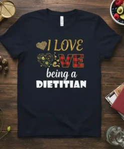 I LOVE LOVE being a DIETITIAN t-shirt with gold lettering, leopard print heart, avocado geometric heart, and plaid 'VE'