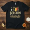 I Love Belgium T-Shirt with Belgian flag heart and Brussels cityscape graphic