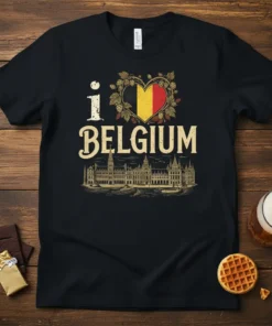 I Love Belgium T-Shirt with Belgian flag heart and Brussels cityscape graphic