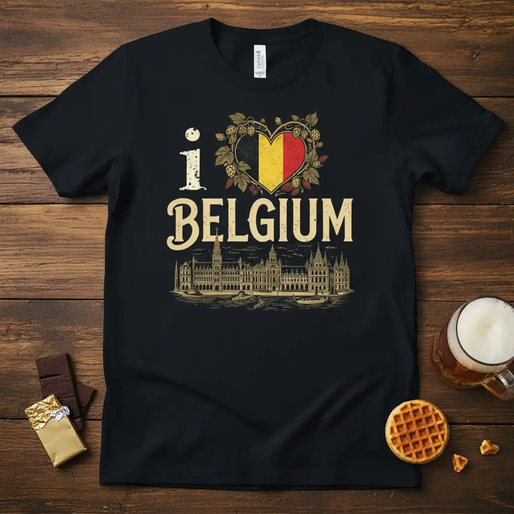 I Love Belgium t-shirt design featuring Belgian flag heart and architectural illustration