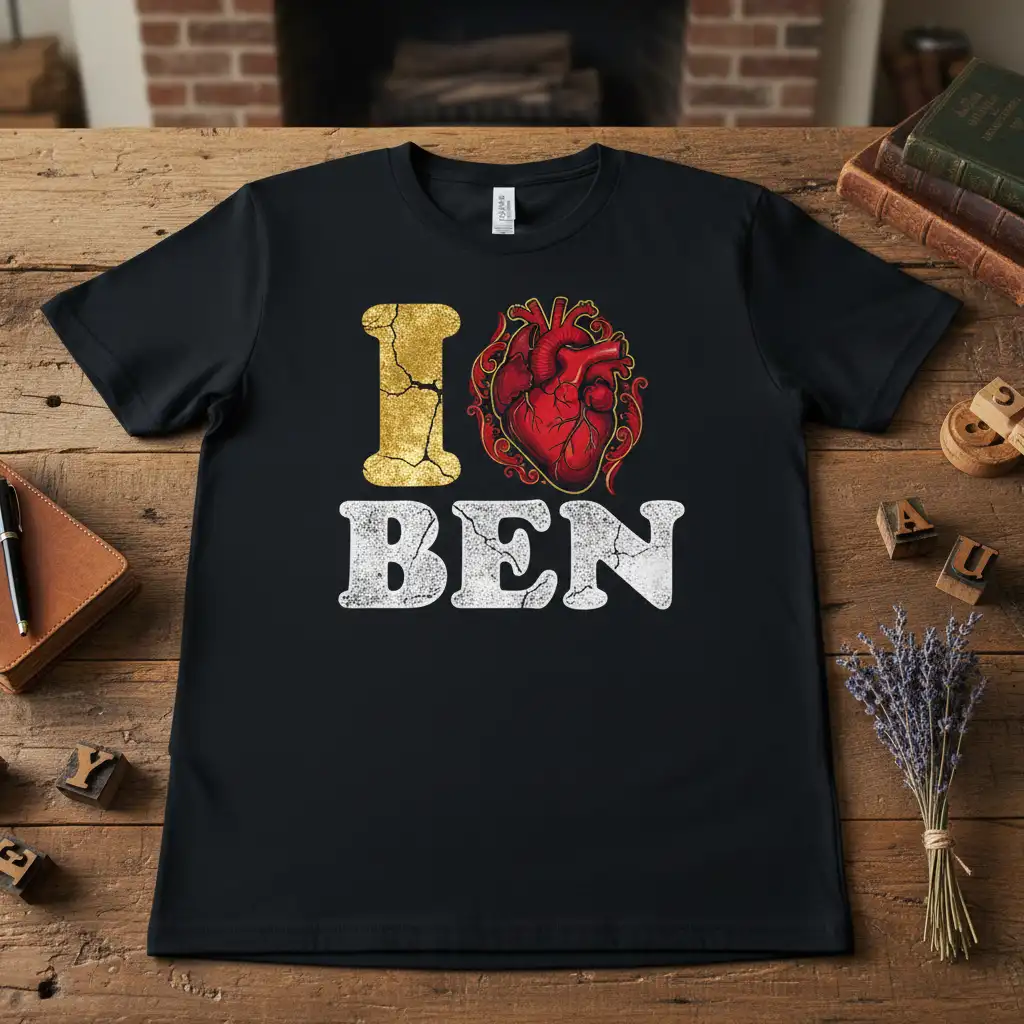I Love Ben Heart T-Shirt with distressed gold 'I' and white 'BEN' text, and anatomical heart graphic