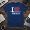 I Love Biden t-shirt with red heart and blue heartbeat waveform graphic