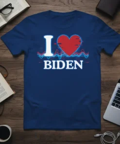 I Love Biden t-shirt with red heart and blue heartbeat waveform graphic