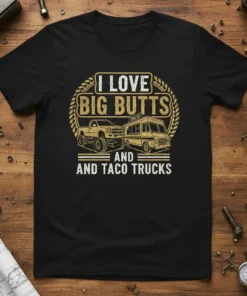 I LOVE BIG BUTTS AND TACO TRUCKS text design with a lifted truck and a taco truck graphic, gold and