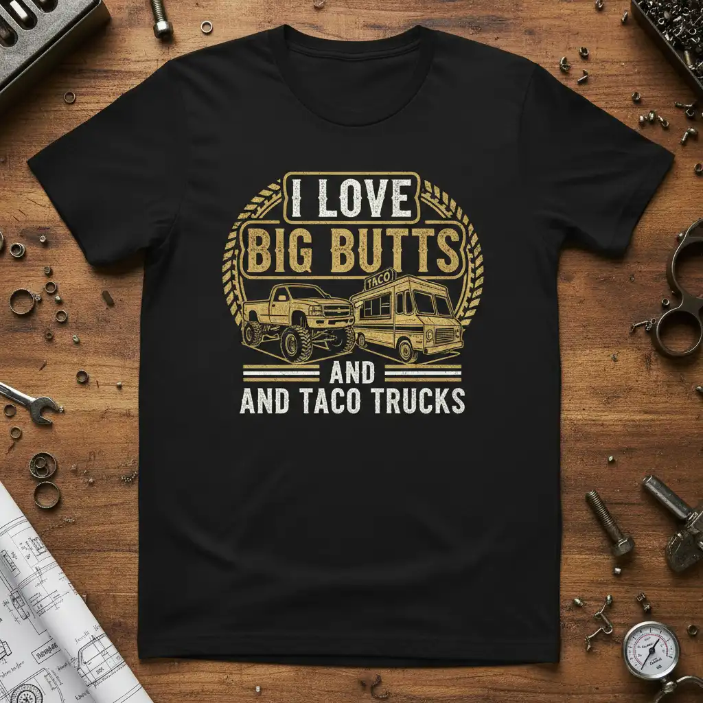I LOVE BIG BUTTS AND TACO TRUCKS quote with lifted truck and taco truck graphic on black t-shirt