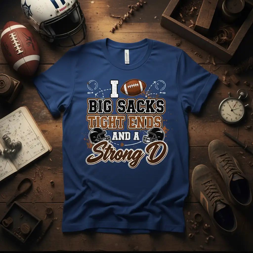 I Love Big Sacks Tight Ends And A Strong D slogan on a blue t-shirt, featuring football graphics and helmets
