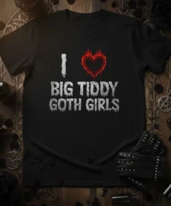 Black t-shirt with white distressed text "I BIG TIDDY GOTH GIRLS" and a fiery red heart graphic, gothic style