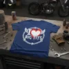 I LOVE BIG TITS T-Shirt with flaming heart, wings, chain, and skull graphic in white on a navy blue tee