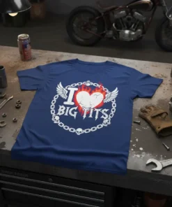 I LOVE BIG TITS T-Shirt with flaming heart, wings, chain, and skull graphic in white on a navy blue tee