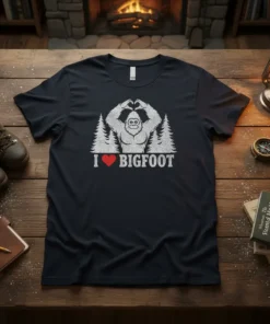 I Love Bigfoot t-shirt with Bigfoot graphic making a heart shape, surrounded by pine trees and text "I ❤️ BIGFOOT"