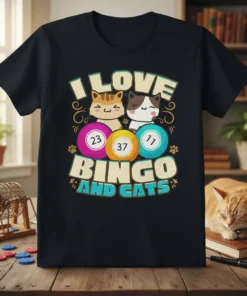 I LOVE BINGO AND CATS text with cartoon cats and bingo balls graphic on a black t-shirt